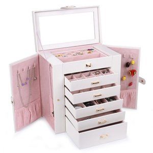 Kendal Huge Leather Jewelry Box / Case / Storage  white faux leather